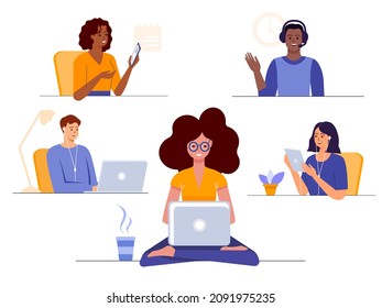 Online Meeting. Online virtual conference. People with laptop, tablet and phone in headphones chatting and communicating at remote work. Video call. Vector illustration. 