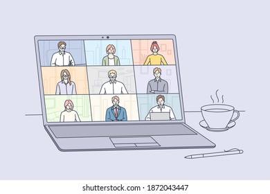 Encuentro en línea, concepto de conferencia virtual y videollamada. Pantalla portátil con personas asociadas que se reúnen con miembros que participan en reuniones de negocios en línea y en negociaciones distantes ilustraciones vectoriales 