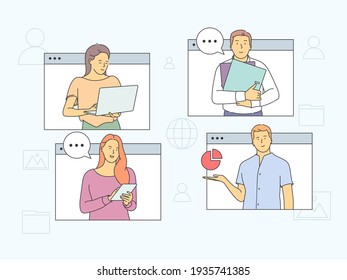 Online meeting, Virtual conference and video call concept. People partners meeting members taking part in online business meeting and distant negotiations