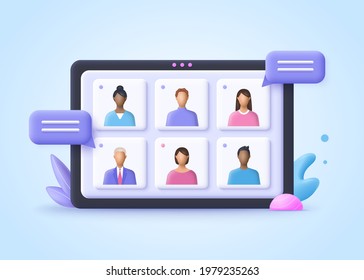 Online Meeting, Virtual Conference Video Call, Briefing, Teamwork Concept. 3d Realistic Vector Illustration.