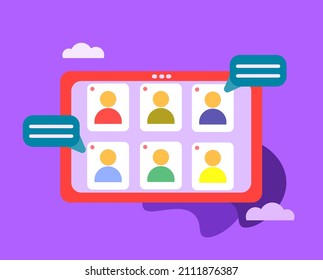 Online Meeting, Virtual Conference, Video Call, Briefing, Teamwork Concept. Vector Illustration.