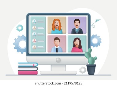 Online Meeting, Virtual Conference Video call, Briefing, Teamwork Concept with 3d shapes, chat box, cog, infographic on blue background. Plasticine effect. 3d Vector Illustration