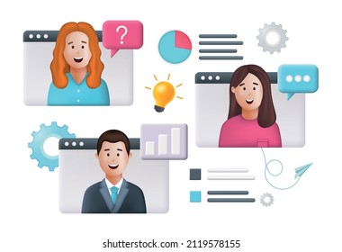 Online meeting, virtual conference, video call, briefing, teleconference, web video conference. Work, data analysis Teamwork concept. 3d realistic vector illustration.