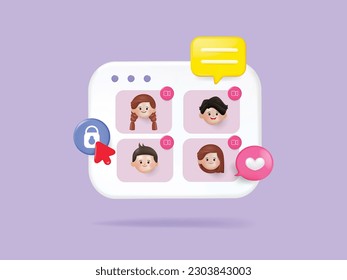 Online Meeting, Virtual Conference Video call, Briefing, Teamwork Concept with 3d shapes, chat box, cog, infographic on isolated background. 3d Vector Illustration