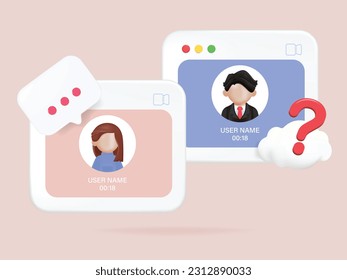 Online Meeting, Virtual Conference Video call, Briefing, Teamwork Concept with 3d shapes, chat box, cog, infographic on isolated background. 3d Vector Illustration