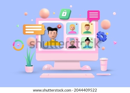 Online Meeting, Virtual Conference Video call, Briefing, Teamwork Concept with 3d shapes, chat box, cog, infographic on blue background. 3d Vector Illustration