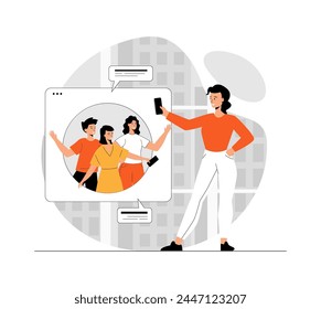 Online meeting, virtual conference. Woman communicates with her friends through a video call on the phone. Illustration with people scene in flat design for website and mobile development.