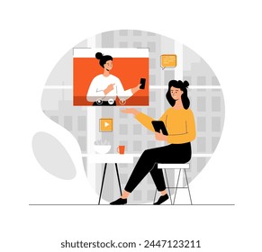 Online meeting, virtual conference. Woman communicates with her friends through a video call on the phone. Illustration with people scene in flat design for website and mobile development.