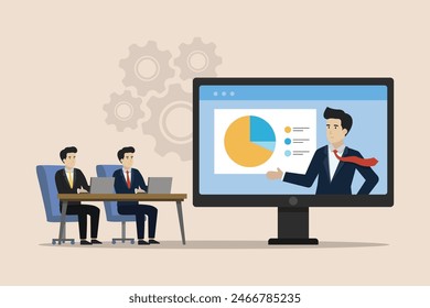 Online meeting, webinar training, business training concept, businessman having online discussion with superior using laptop.