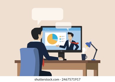 Online meeting, webinar training, business training concept, businessman having online discussion with superior using laptop.