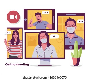 Reunión en línea mientras trabaja desde la ilustración del vector doméstico