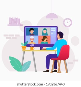 Online Meeting Work Form Home Design Concept Video Conference Vector Illustration