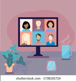Online meeting work form home. Home office. Colleagues talk to each other on the computer screen. Conference video call.  Chat with friends. Vector illustration in a flat style.

