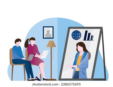 Online meeting, Working at Home Office,Looking at Computer Screen and Talking with Colleagues Online