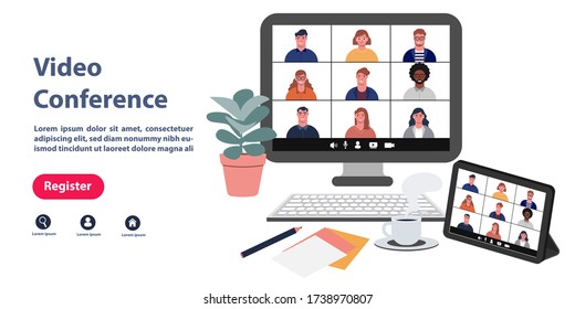 Online Meeting Workplace Via Teleconference Web Video Conference Call  Display On Screen. Videoconferencing Vector Flat Design Illustration.