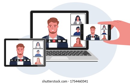 Online Meeting Workplace Via Teleconference Web Video Conference Call  Display On Screen. Videoconferencing Vector Flat Design Illustration.