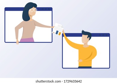 Online meeting. Zoom meeting. Video conference landing. People on computer and smartphone screen. Virtual work meeting. Flat vector illustration