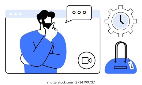Reuniones en línea, comercio electrónico, seguimiento de tiempo, trabajo remoto, herramientas de comunicación, programación. Video Persona que piensa en la llamada con la burbuja del chat, el engranaje del reloj y el icono de la bolsa de compras. Reuniones en línea