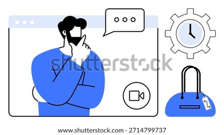 Online meetings, e-commerce, time tracking, remote work, communication tools, scheduling. Person thinking on video call with chat bubble, clock gear and shopping bag icon. Online meetings
