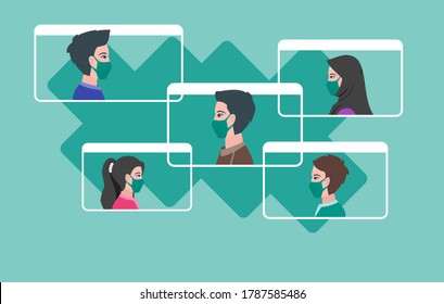 Online Meetings. Young Man & Woman with Face Mask Video Conference Teleconference Display Screen Chat & Talk via App or Web. Suitable for Remote Work, Webinar & Virtual Class Flat Design Illustration