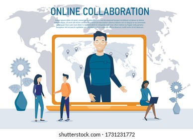 Online meeting.Video conference landing. People on computer and smartphone screen. Virtual work meeting. Flat vector illustration