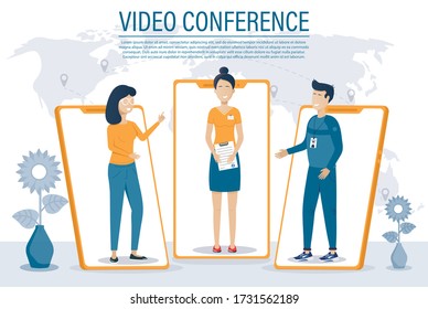 Online meeting.Video conference landing. People on computer and smartphone screen. Virtual work meeting. Flat vector illustration