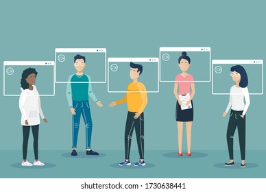 Online meeting.Video conference. People on computer and smartphone screen. Virtual work meeting. Flat vector illustration