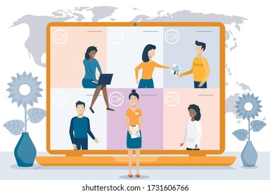 Online Meeting.Video Conference. People On Computer And Smartphone Screen. Virtual Work Meeting. Flat Vector Illustration