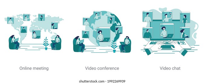 Online meeting,video conference, video chat.A set of vector illustrations on a business theme.Abstract isometric illustrations in green.