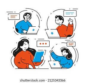 Online Meetup Group Virtual Meeting Use Digital Technology Computer, Laptop, Tablet Vector Flat Illustration. People Friends Colleagues Discuss Work Remotely At Teleconference. Internet Conversation