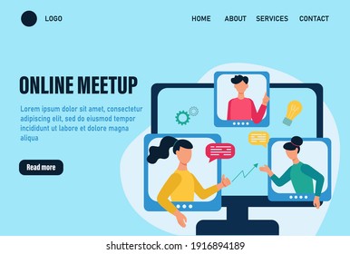 Online meetup landing page vector template. Concept of an online meeting, communication. People discuss work issues and ideas online. Team work online.  Flat cartoon vector illustration