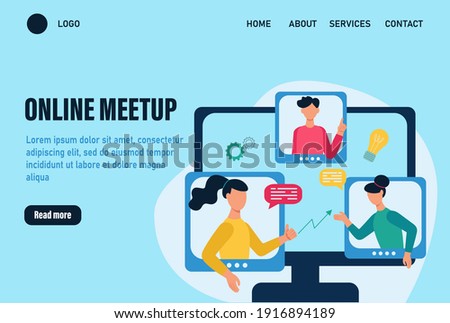 Online meetup landing page vector template. Concept of an online meeting, communication. People discuss work issues and ideas online. Team work online.  Flat cartoon vector illustration