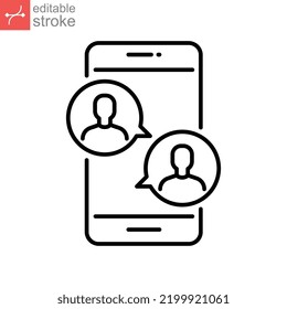 Online Meetup Outline Icon. Two People In Dialog Discussion Group. Distant Work. Online Business Chat And Meet Up Together Using Tablet Or Smartphones Editable Stroke Design On White Background EPS 10
