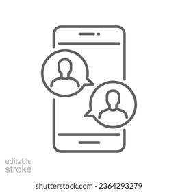 online meetup outline icon. Two people in dialog discussion group. Distant work. Online business chat and meet up together using tablet or smartphones Editable stroke Design on white background EPS 10