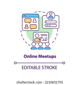 Online Meetups Concept Icon. Video Conferencing. Private Networking Groups Abstract Idea Thin Line Illustration. Isolated Outline Drawing. Editable Stroke. Arial, Myriad Pro-Bold Fonts Used