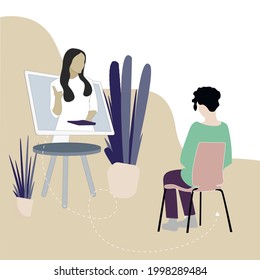Online mental consultation and remote psychoanalysis, help by psychologist, discussion with psychiatrist, psychological conversation solve problem, psychotherapy support helpline. Vector illustration