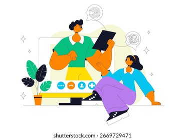 Ilustração de Vetor de Apoio à Saúde Mental Online com composições de terapia e um Aplicativo de Consulta Remota com Serviço de Assistência Psicológica

