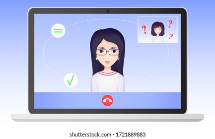 Online Mental Therapy. Medical Consultation Via Internet. Asian Patient And Doctor Session. Remote Psychological Support. Video Call Vector Illustration