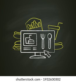 Online menu chalk icon. Choosing restaurant dishes. Ready-made meals. Ordering breakfast, lunch, dinner.Online delivery concept. Isolated vector illustration on chalkboard