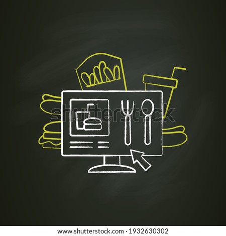 Online menu chalk icon. Choosing restaurant dishes. Ready-made meals. Ordering breakfast, lunch, dinner.Online delivery concept. Isolated vector illustration on chalkboard