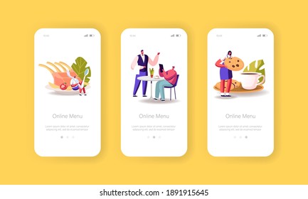 Online Menu Mobile App Page Onboard Screen Template. Tiny Male and Female Characters Sitting at Tables Drinking Beverages, Eating Meals in Modern Restaurant Concept. Cartoon People Vector Illustration