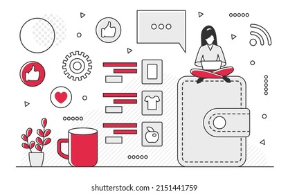 Online Merchant Selling On Marketplace. Digital Commerce Purchasing On Store Website Vector Monocolor Illustration