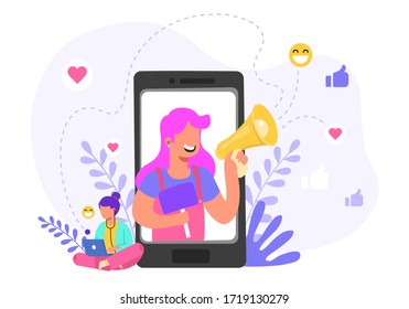 Online merchants hold a megaphone. Announcement business communication. Refer a friend vector illustration concept.