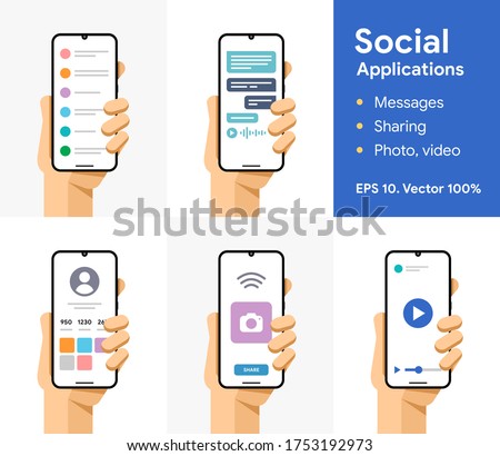 Online message, chat, share, photo, video, pictures. Communication via smartphone. Phone in user hand. Social media application. EPS 10