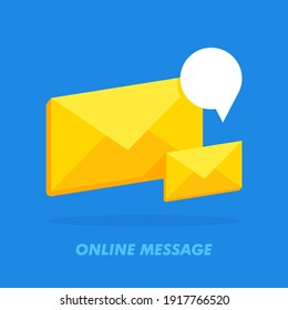 Online message. Message icon, email sending concept, online advertising. Vector illustration. Yellow envelope with speech bubble in blue background.