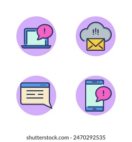 Online message notification line icon set. Notification on laptop, message on smartphone, new mail letter, speech chat bubble. Correspondence concept. Vector illustration for web design and app