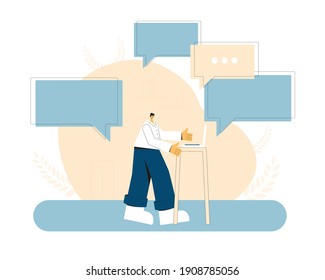 Concepto de mensajería en línea. Tecnología de información digital. Gente con teléfonos. Mujeres y hombres de diferentes edades usando ropa informal con artilugios. Ilustración vectorial.