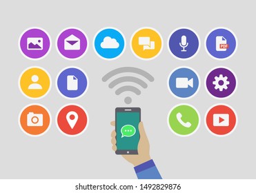 online messaging app service icon using a smart phone device. Application technology from multimedia messaging. Telecommunication icon graphic resources. Simple flat minimalist messenger icon element