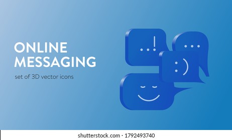 Online messaging concept illustration. Vector illustration of 3D chat bubbles with different smiley faces and dots. Represents concept of online messaging, chatting, communication and emoji