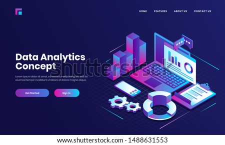 Online messaging or financial app in laptop with smartphone and checklist paper for Data Analytics concept based isometric design.